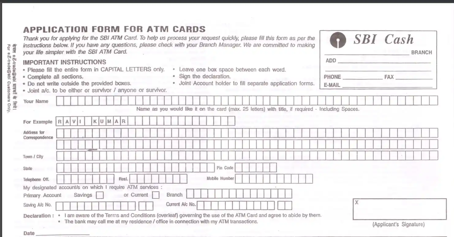 SBI ATM cum Debit Card Application Form PDF